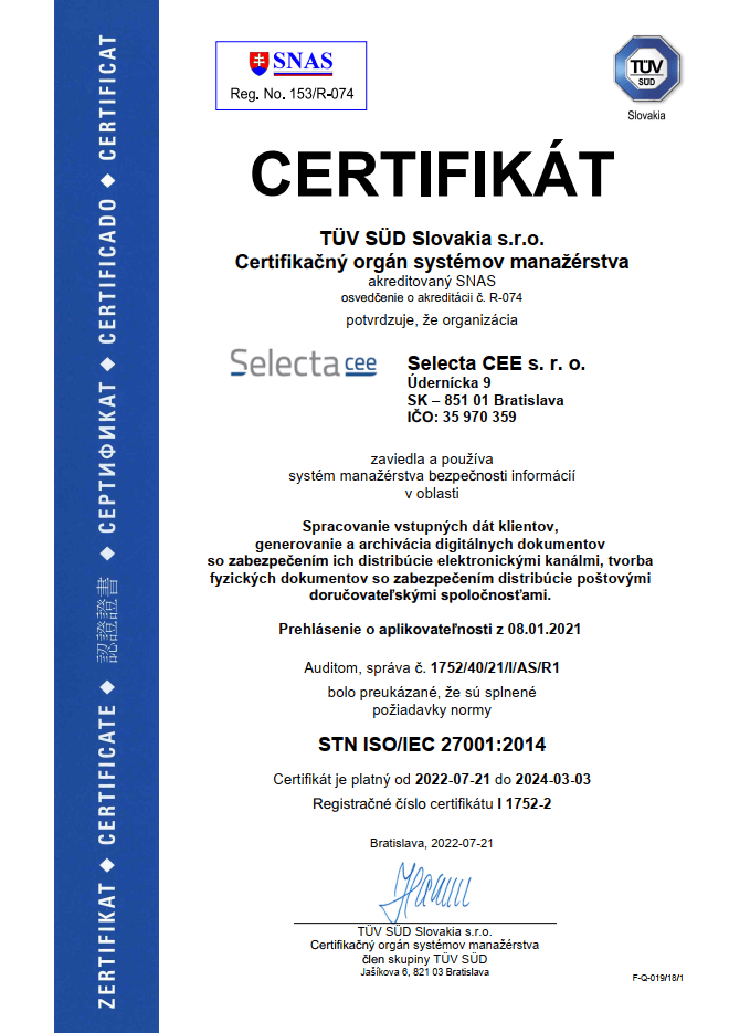 Selecta CEE ISO 27001 TUV SUD